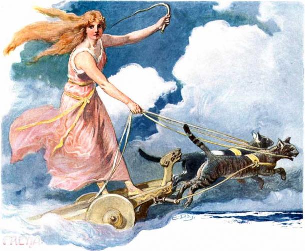 Freya drives her cat chariot by Emil Doepler. (Public domain)