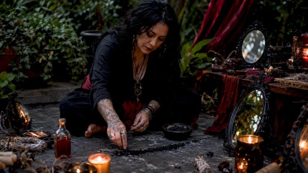 Woman preparing protection ritual with tools