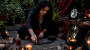 Woman preparing protection ritual with tools