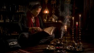 Person studying black magick ritual books