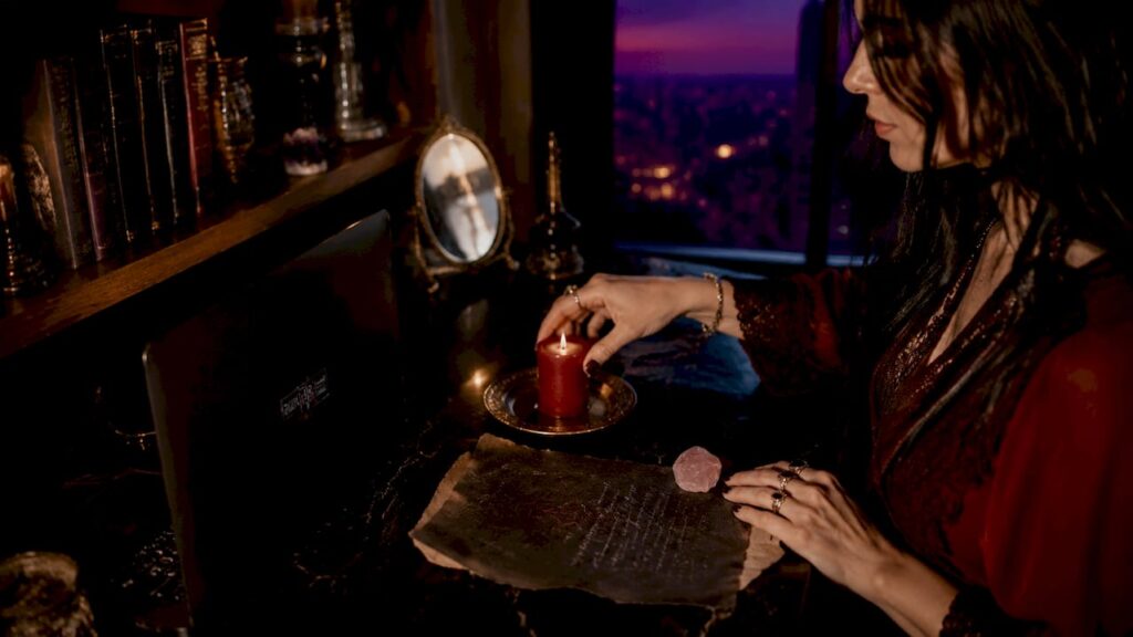 Woman setting up love spell ritual altar