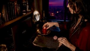 Woman setting up love spell ritual altar