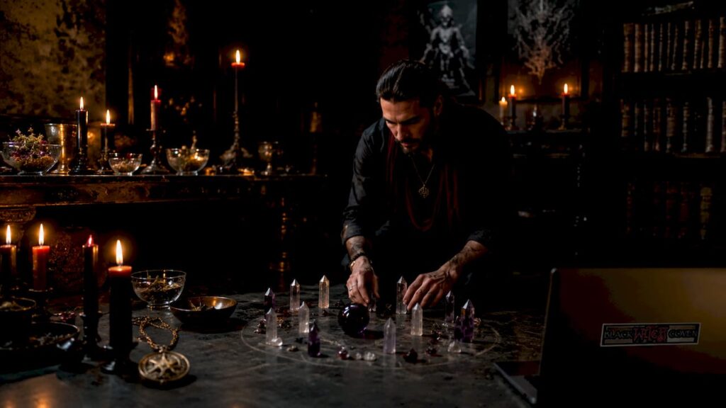 Person performing black magick ritual at altar