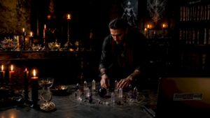 Person performing black magick ritual at altar