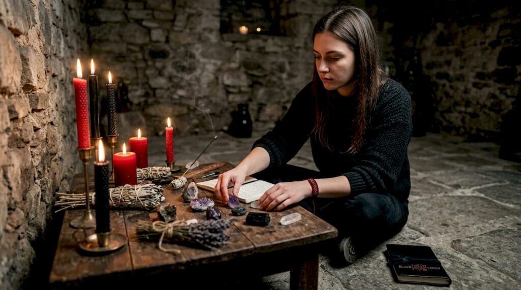 Woman casting protection spell at home altar