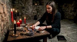 Woman casting protection spell at home altar