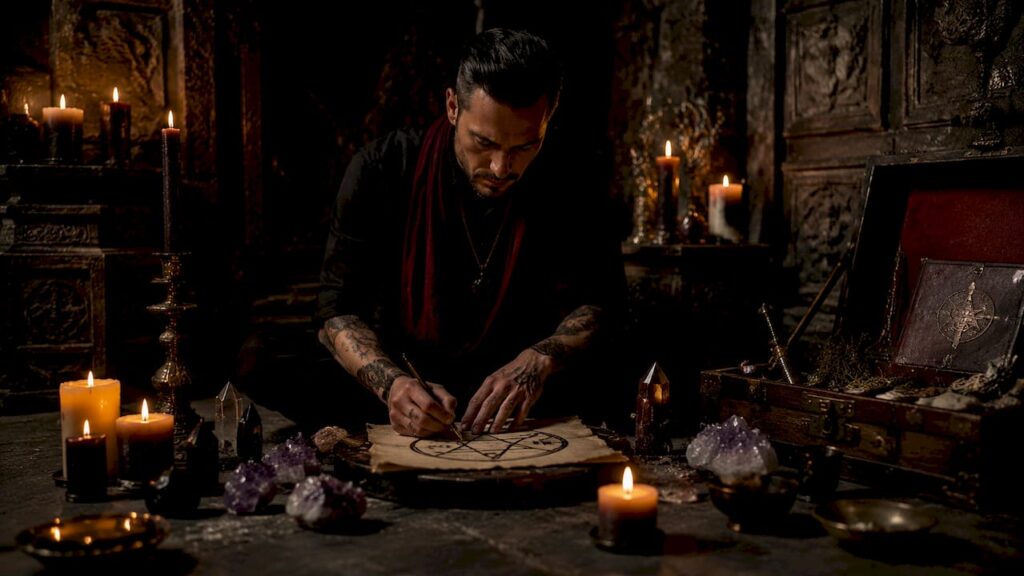 Person creating a sigil in ritual setting