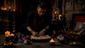 Person creating a sigil in ritual setting