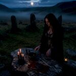 Woman performing black magick ritual under moonlight