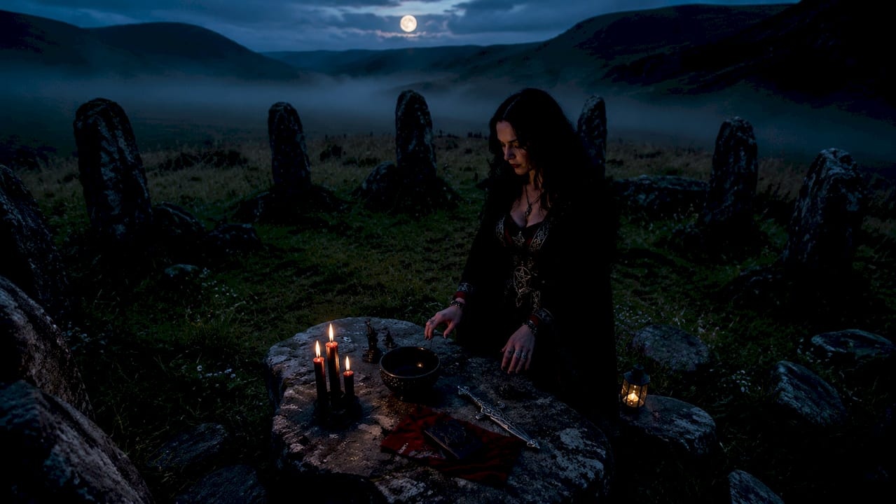 Woman performing black magick ritual under moonlight