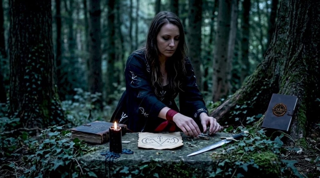 Practitioner preparing demonic invocation ritual