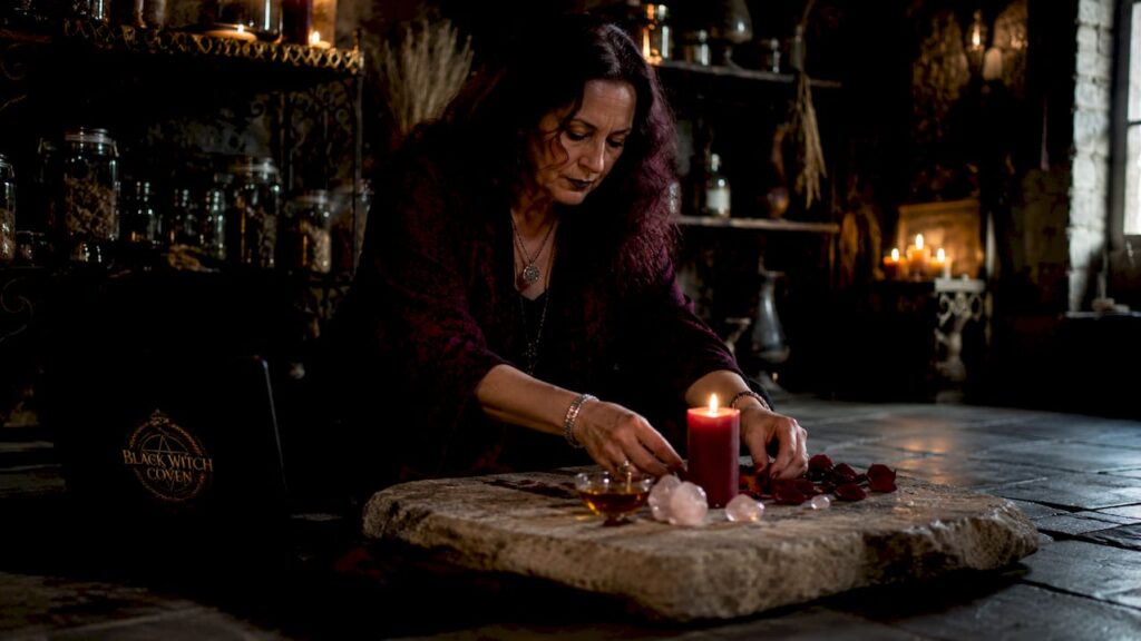 Woman arranging ritual tools for love spell