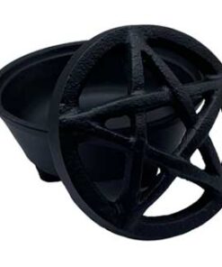 Cast iron three-legged cauldron with a pentagram lid. The cut-out pentagram in the lid allows your magical workings inside cauldron. Approximately 3 1/4