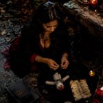 Woman preparing binding spell ritual tools