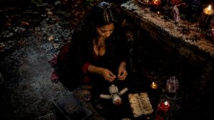 Woman preparing binding spell ritual tools