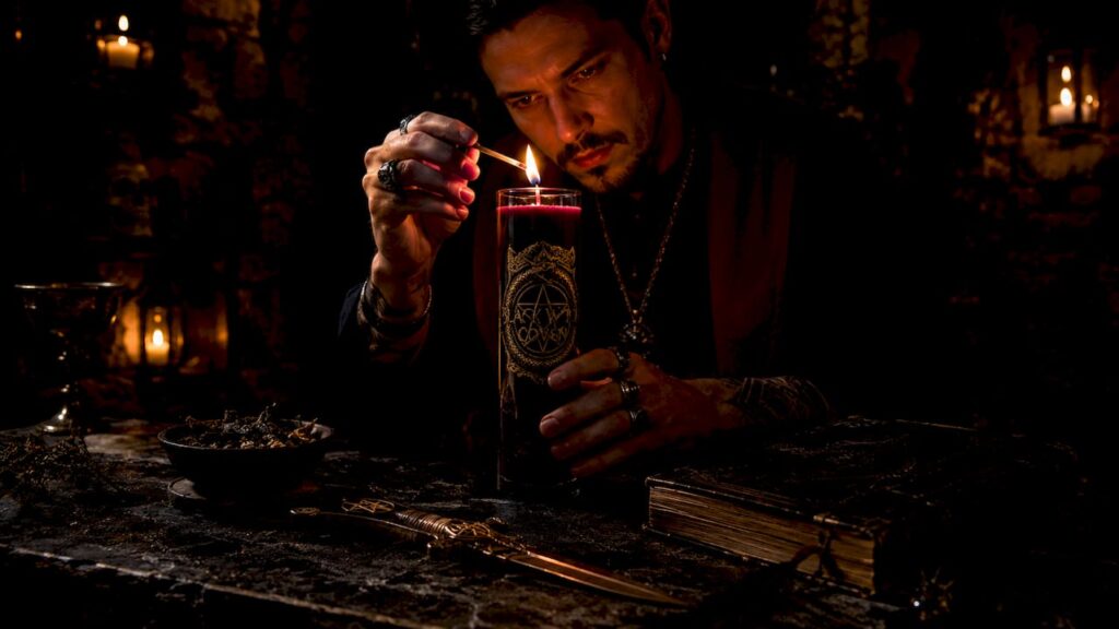 Practitioner lighting seven day candle on altar
