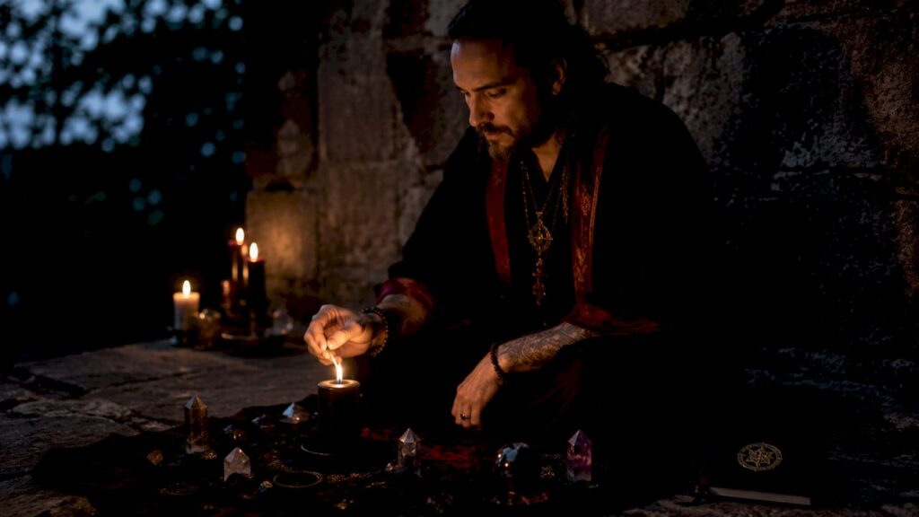 Practitioner lighting black candle in home altar setting