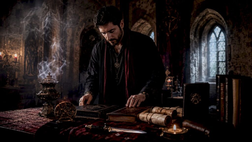 Occult practitioner at ritual altar organizing grimoires