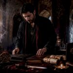 Occult practitioner at ritual altar organizing grimoires
