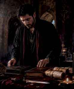 Occult practitioner at ritual altar organizing grimoires