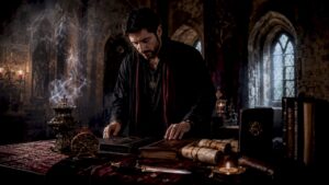 Occult practitioner at ritual altar organizing grimoires