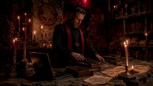 Occult scholar preparing demonology texts at desk