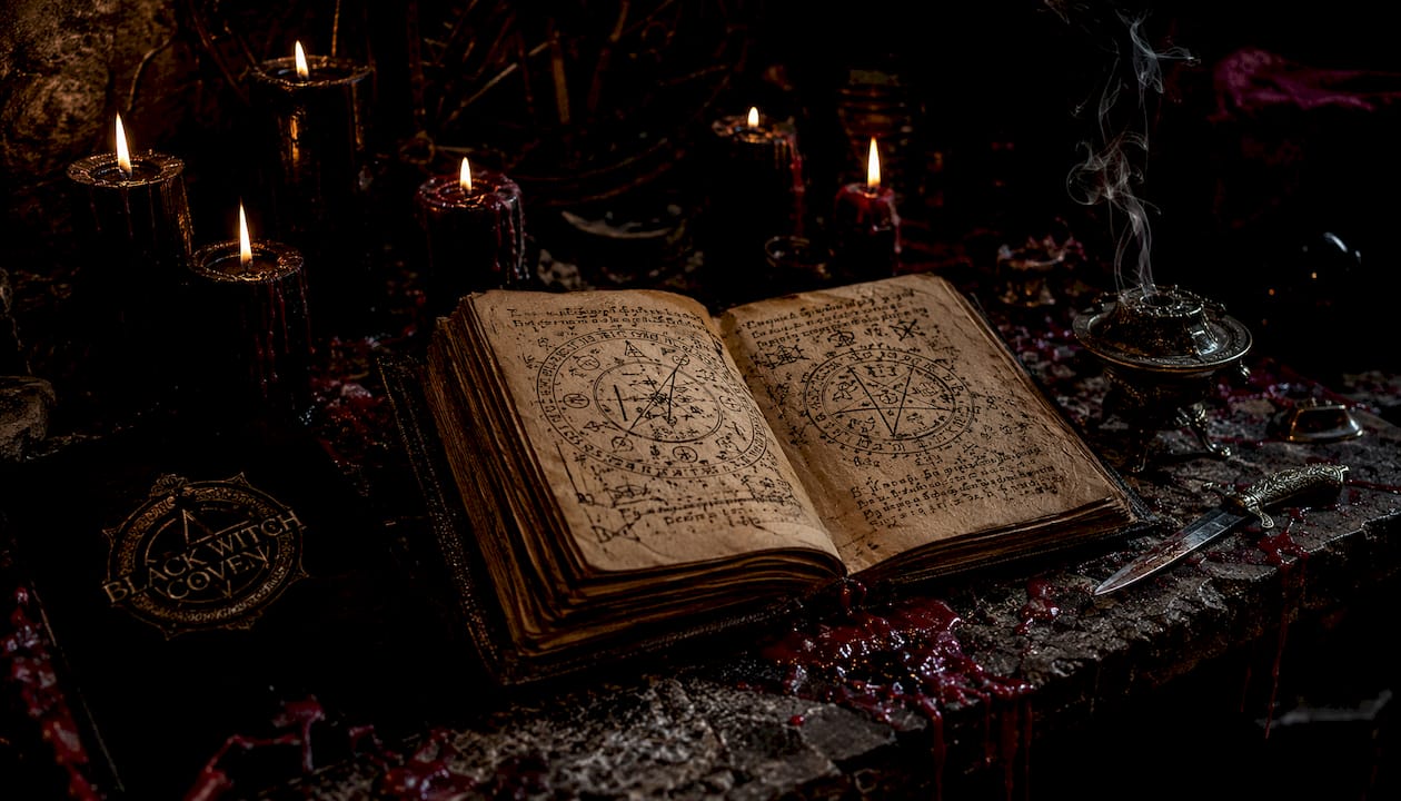 Close-up of ancient grimoire with candles and sigils