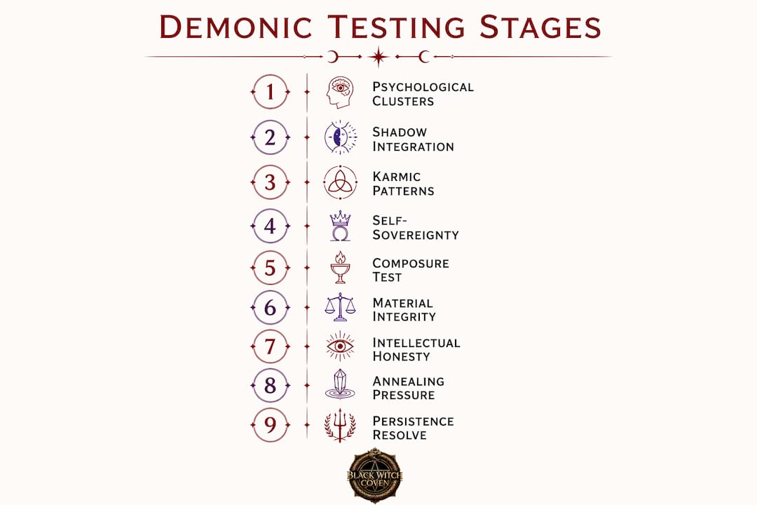 Infographic illustrating stages of demonic character testing