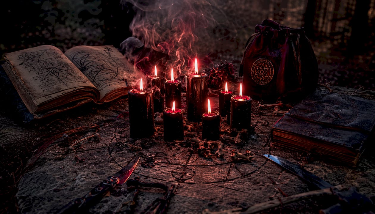 Atmospheric baneful magic ritual altar close-up