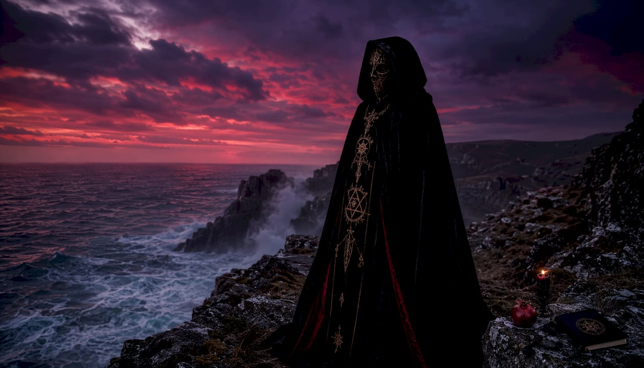 Hooded masked figure in ritual temple setting