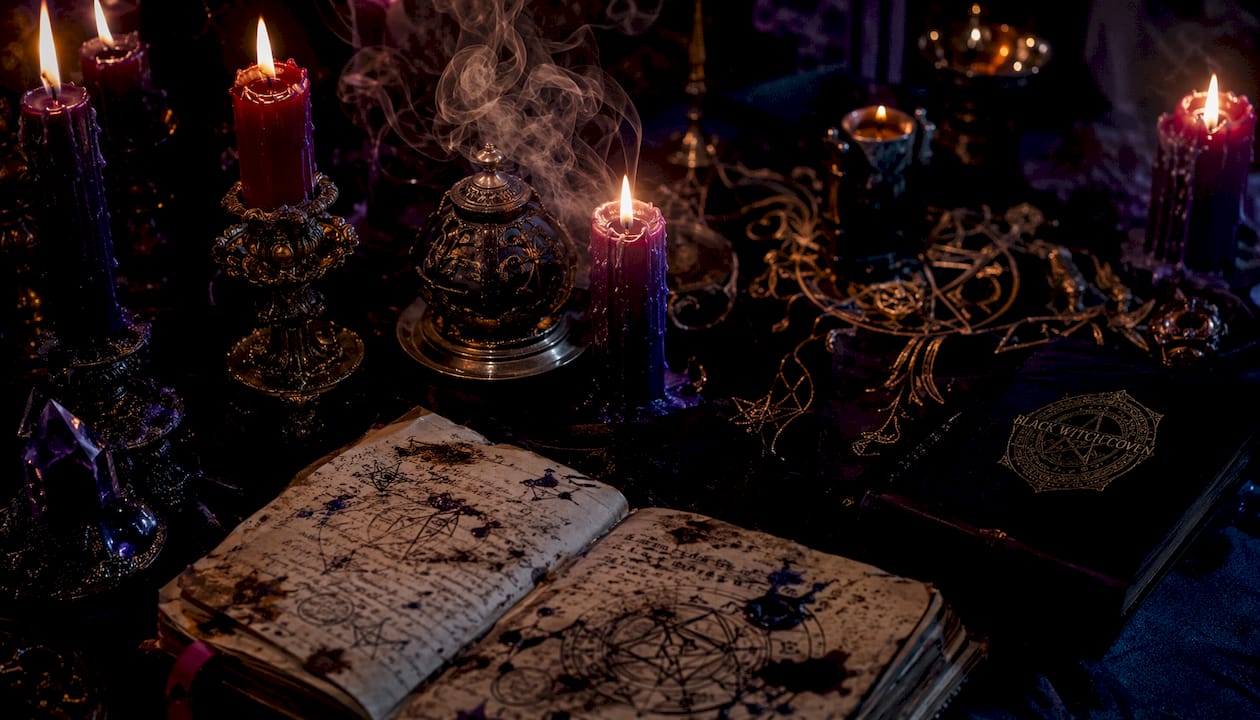 Close-up of black candlelit ritual altar