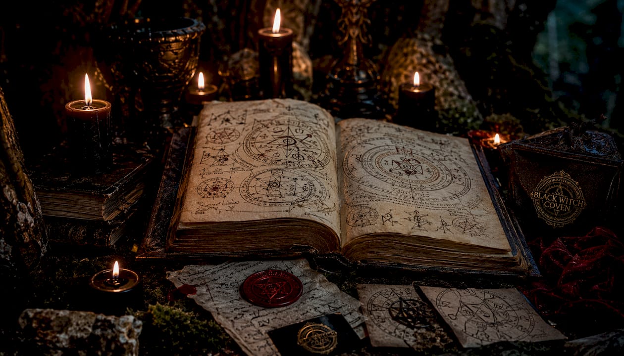 Close-up of ritual altar with candles and grimoire