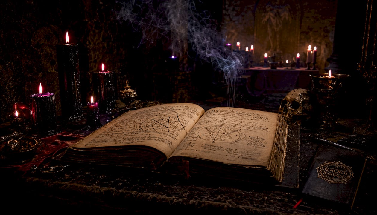Open ancient grimoire with candles and smoke