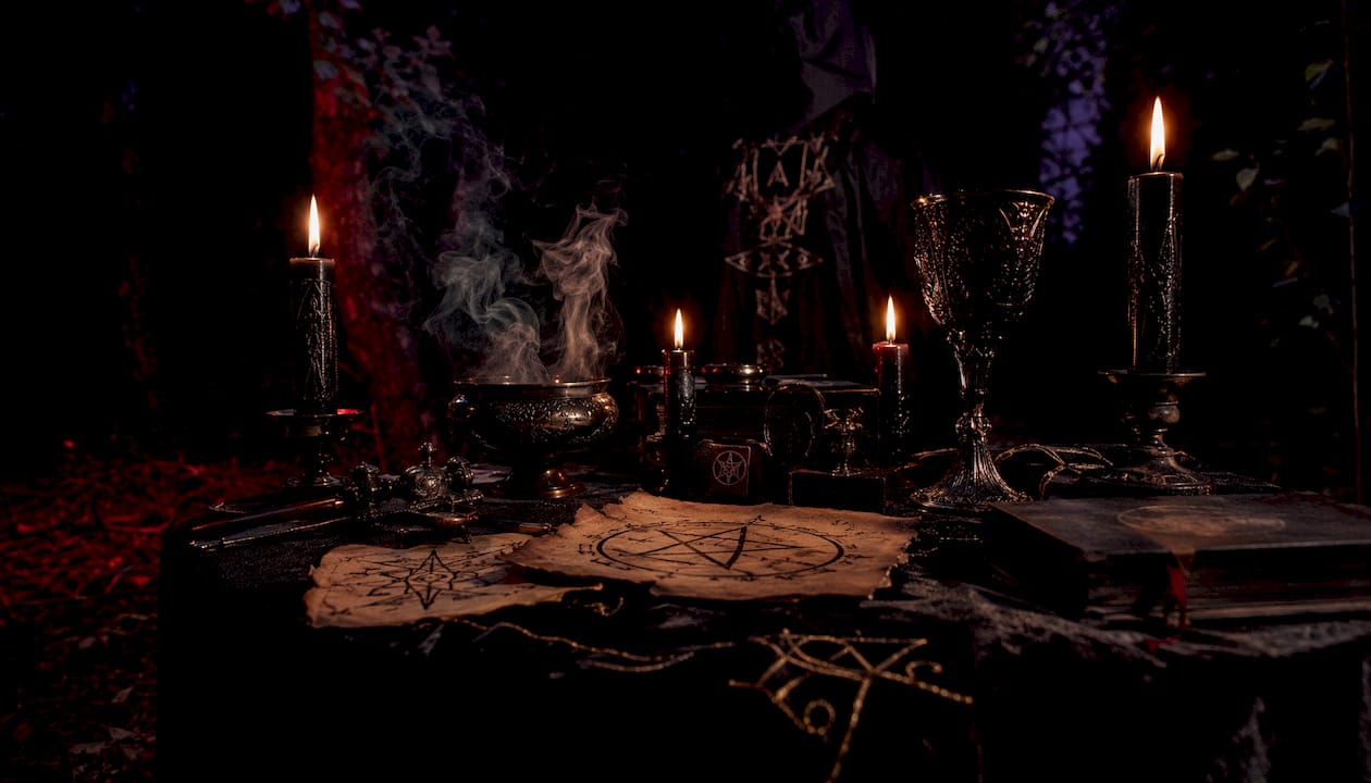 Moody ritual altar with candles and sigils