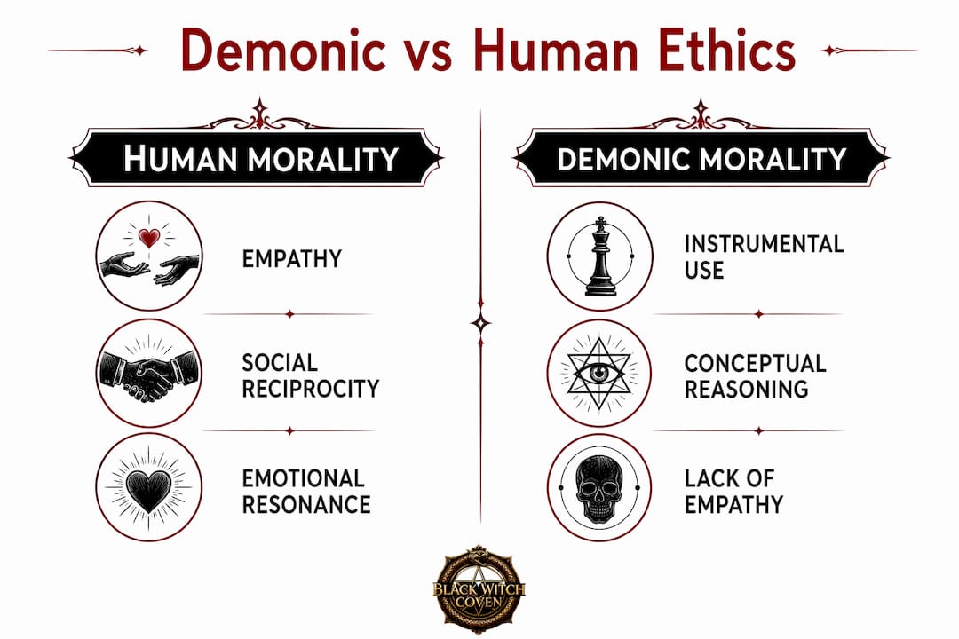 Infographic comparing demonic and human ethical frameworks