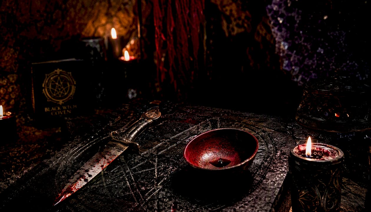 Close-up of blood offering on ritual altar