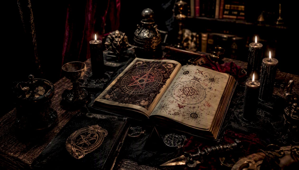 Close-up of ancient grimoires and ritual candles