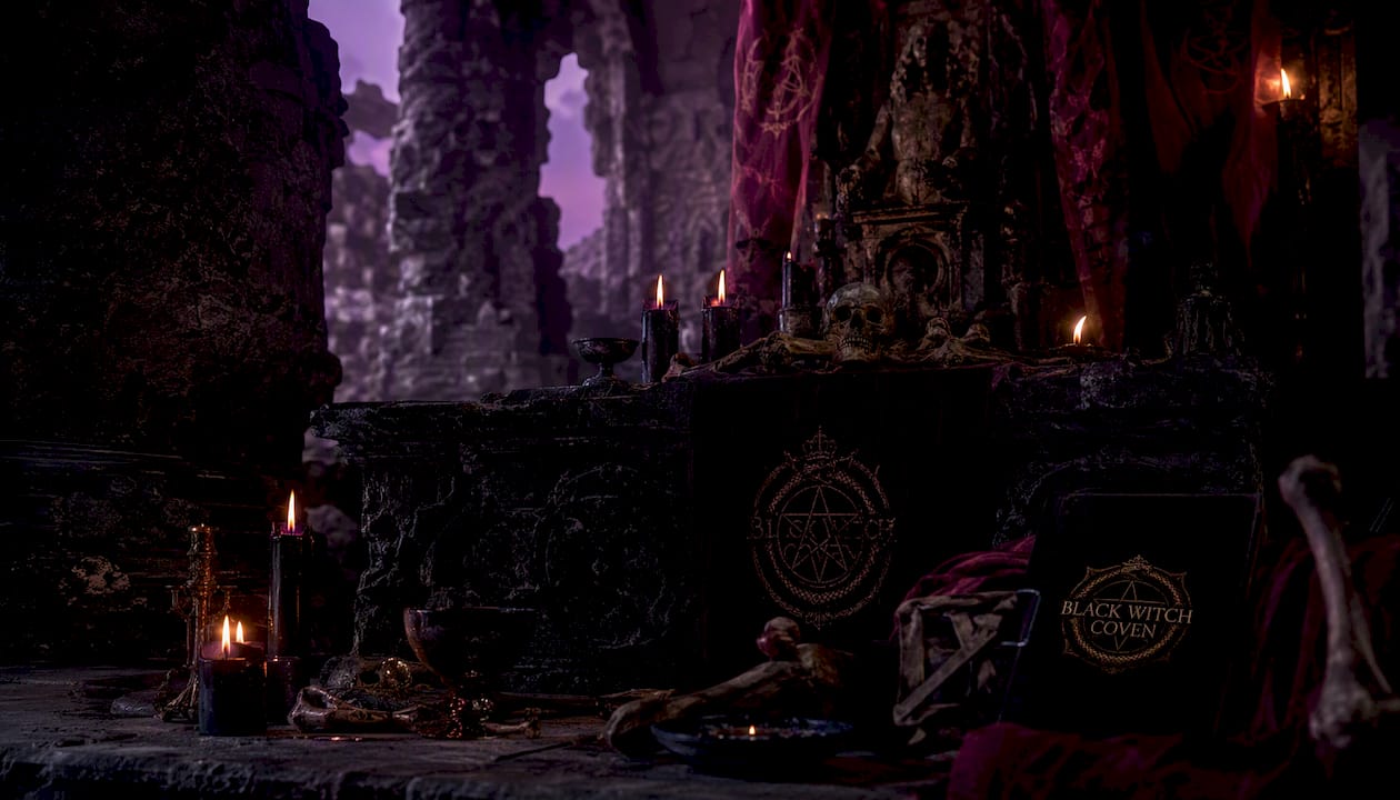Dark mystical ruined altar at twilight