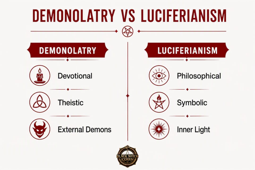 Infographic contrasting Demonolatry and Luciferianism key traits