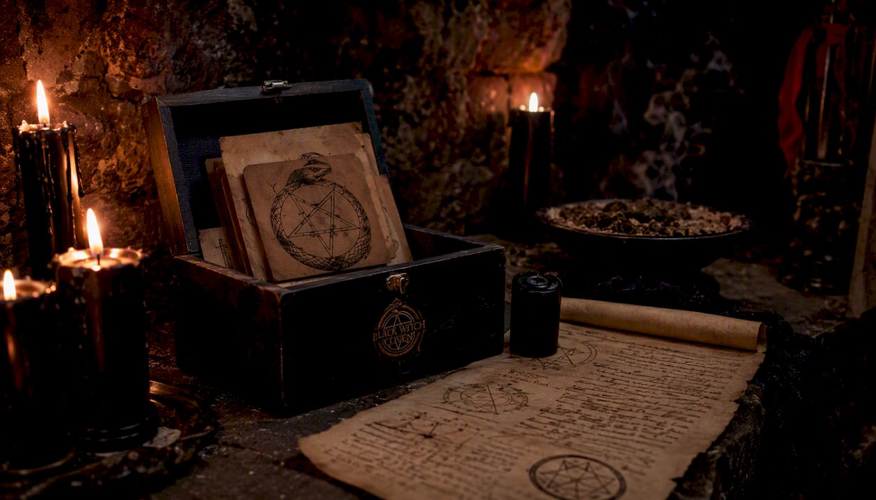 Close-up of ritual containment tools on altar