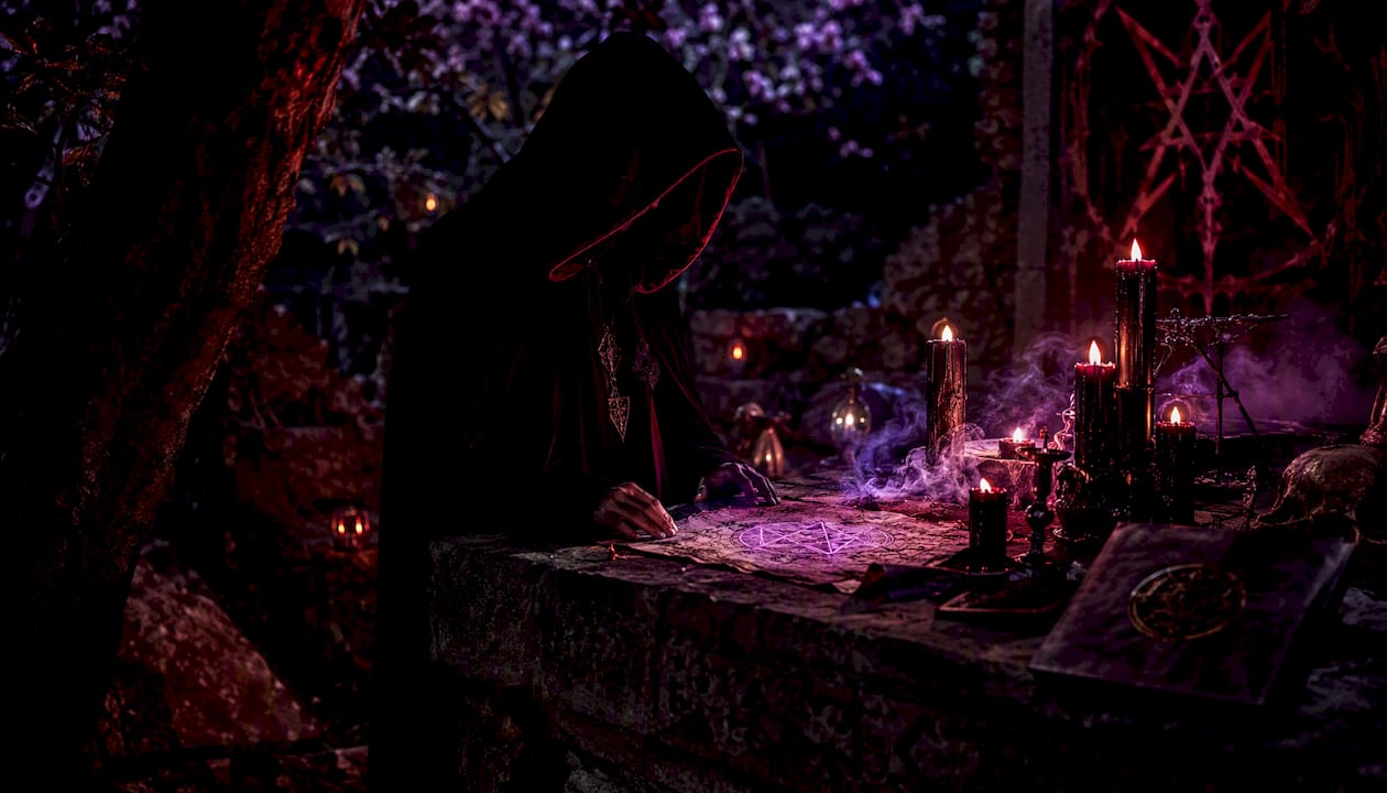Hooded figure performing dark ritual at altar