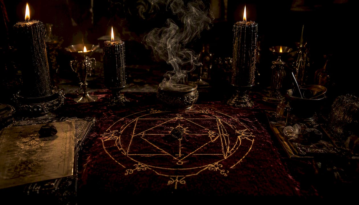 Occult altar with demonic sigil and candles