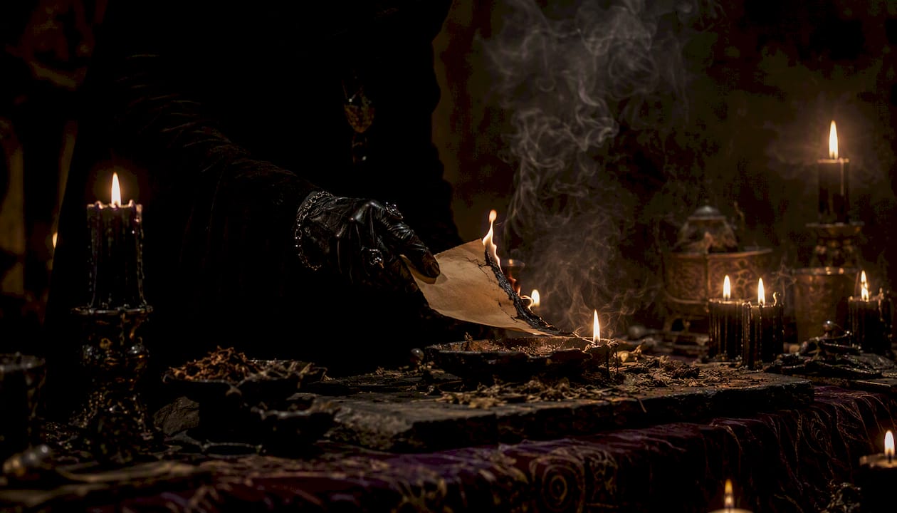Hands sealing occult pact with burning parchment