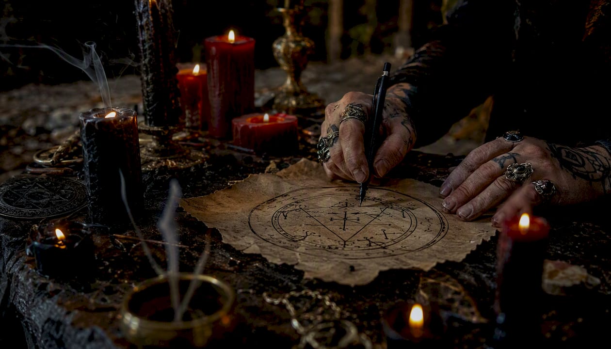 Hands drawing ritual seal on parchment