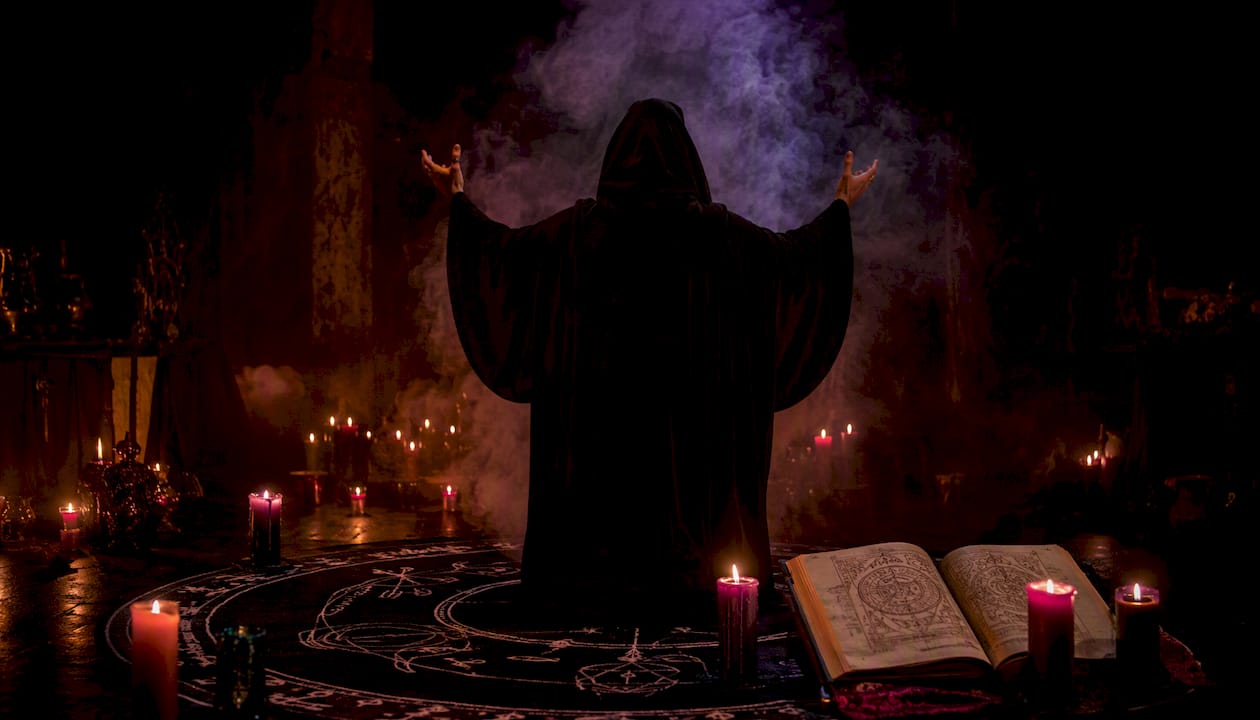 Hooded figure performing devotional renegotiation ritual