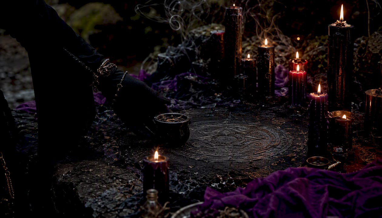 Hand placing offering near demon sigil with candles