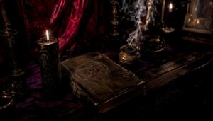 Black candle burning next to a Luciferian sigil