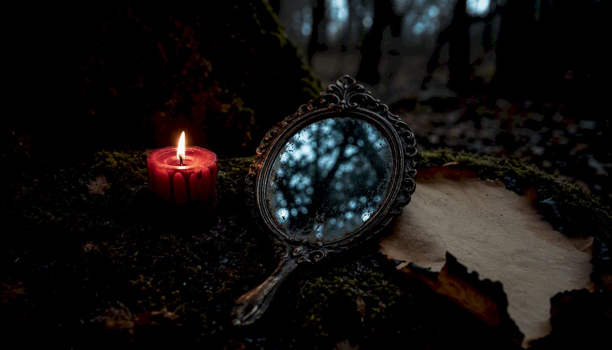 Red candle casting light on mirror and burnt parchment