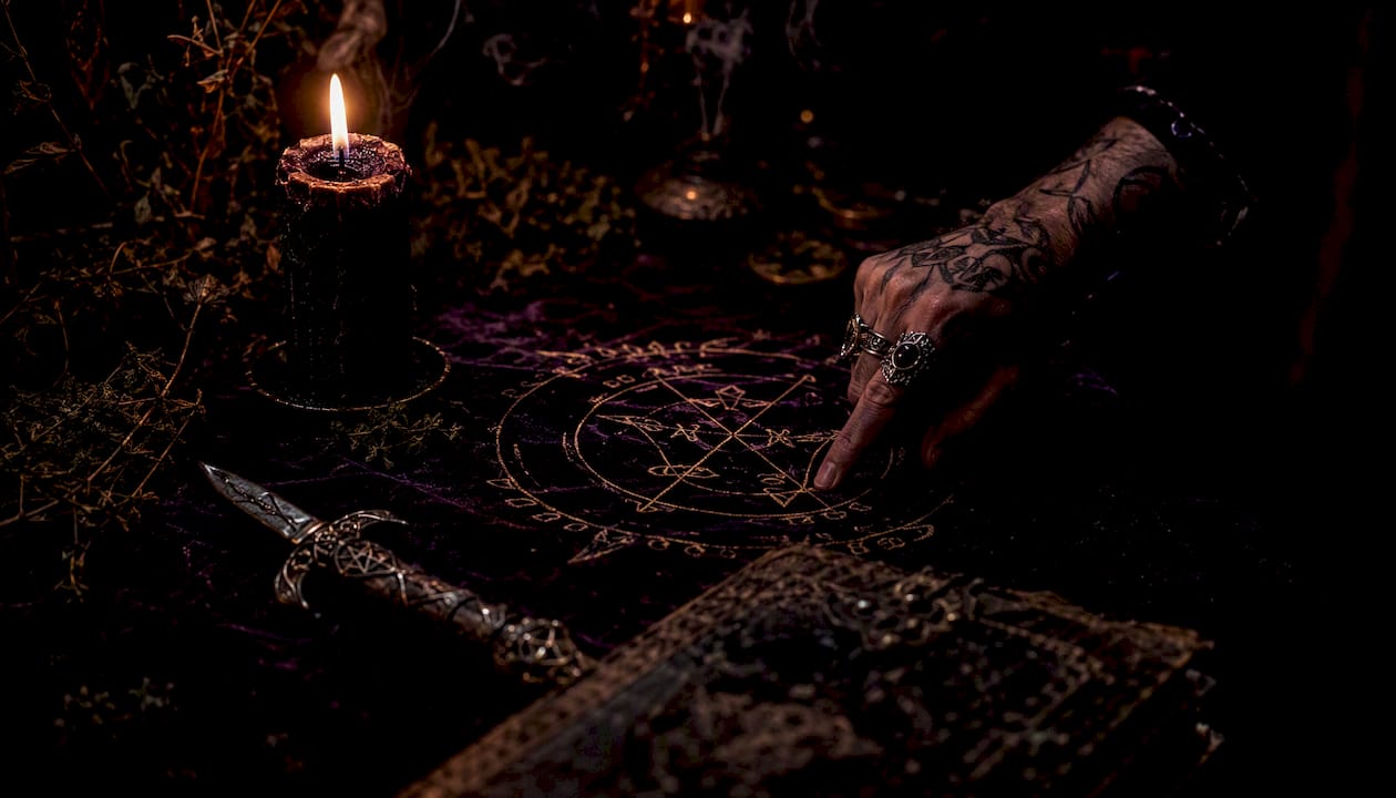 Hand tracing Luciferian sigil on ritual altar