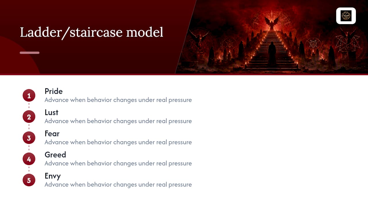Diagram of Luciferian initiation ladder with egoic vices